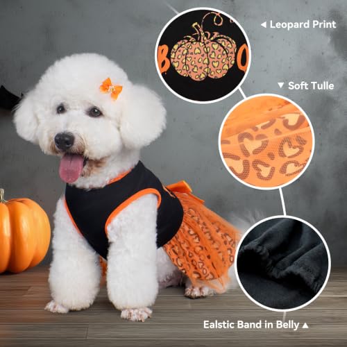 Dog Halloween Dress Pumpkin Print Tulle Outfit XX-Large with Hair Bow - Cyeollo