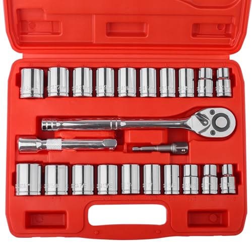 Red 1/2 Inch Drive Socket Set 23 Pieces with 45 Tooth Ratchet and Extension