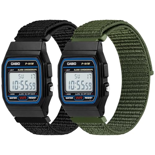 Nylon Watch Bands Compatible with Casio F-84/F-91W/F-94/A158/A168 F105/F108, Solo Loop Strap - Dark Black + Military Green