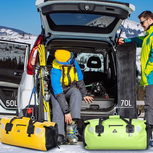 Yellow Waterproof 70L Duffel Bag with Quick-Release Mounting Straps