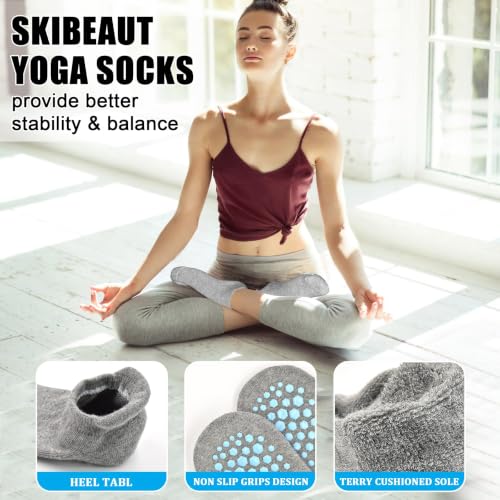 Non Slip Grip Socks for Women - 4 Pairs Yoga Pilates Anti Skid Hospital Socks Black & Gray (Size 5-8) - SkiBeaut