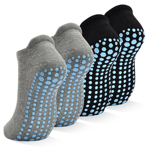 Non Slip Grip Socks for Women - 4 Pairs Yoga Pilates Anti Skid Hospital Socks Black & Gray (Size 5-8) - SkiBeaut