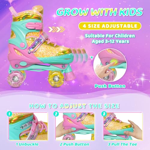Kids Adjustable Roller Skates for Girls with Light-Up Wheels - Macarons / Medium(1-4)
