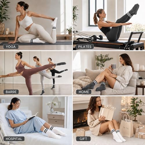 KONY Women's Cotton Pilates Grip Socks - Yoga & Barre Crew Socks, Black, 3 Pairs