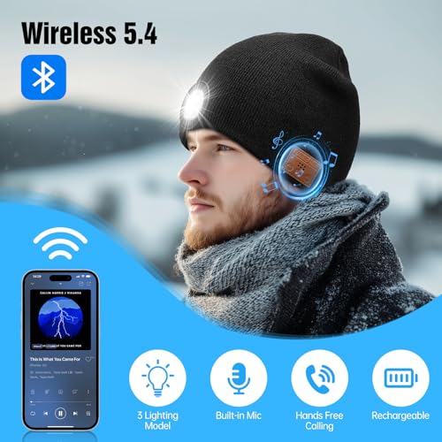 MUSIC Lighted Beanie (Bluetooth V5.4), built-in LED, Microphone and Speaker,Winter Christmas Gift for Family, Dad, Men and Father