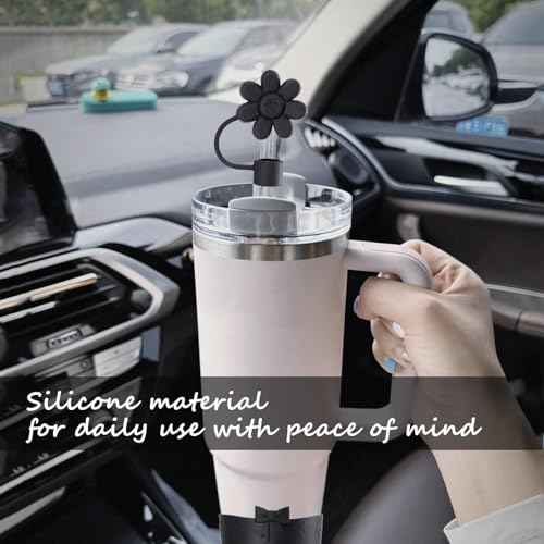 Stanley Tumbler Accessories Set Including 4 Pcs Siliocne Straw Covers Toppers Caps for 10mm/0.4 in Straws,1 Pcs Siliocne Boot for Stanleys Cup 40oz 30oz 20oz - Black