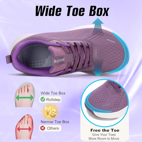 Wide Toe Box Women's Athletic Sneakers - Purple, 8-8.5 Wide Arch Support Non-Slip Walking Shoes for Diabetic Plantar Fasciitis