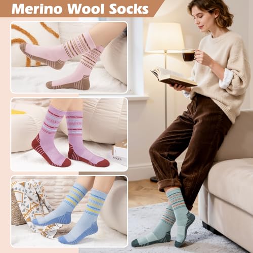 5 Pairs Womens Merino Wool Hiking Socks Winter Warm Crew Moisture Wicking Thick Cushioned Striped Boot Socks