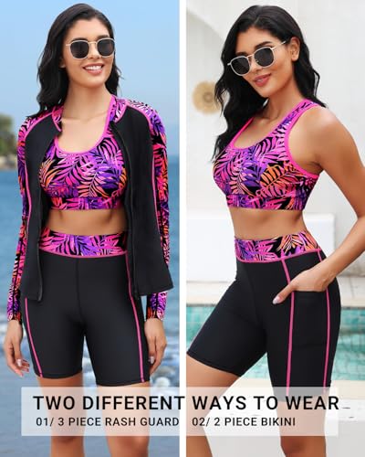 Women 3-Piece Rash Guard Swim Set with Long Sleeve Shirt and Pockets - Purple Leaves XL