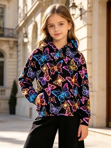 Girls Neon Butterfly Graphic Hoodie, Long Sleeve Hooded Sweatshirt 9-12 Years