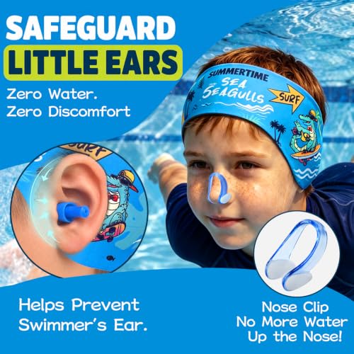 Kids Swim Headband with Earplugs and Nose Clip Set - Shark & Dinosaur Variation 05