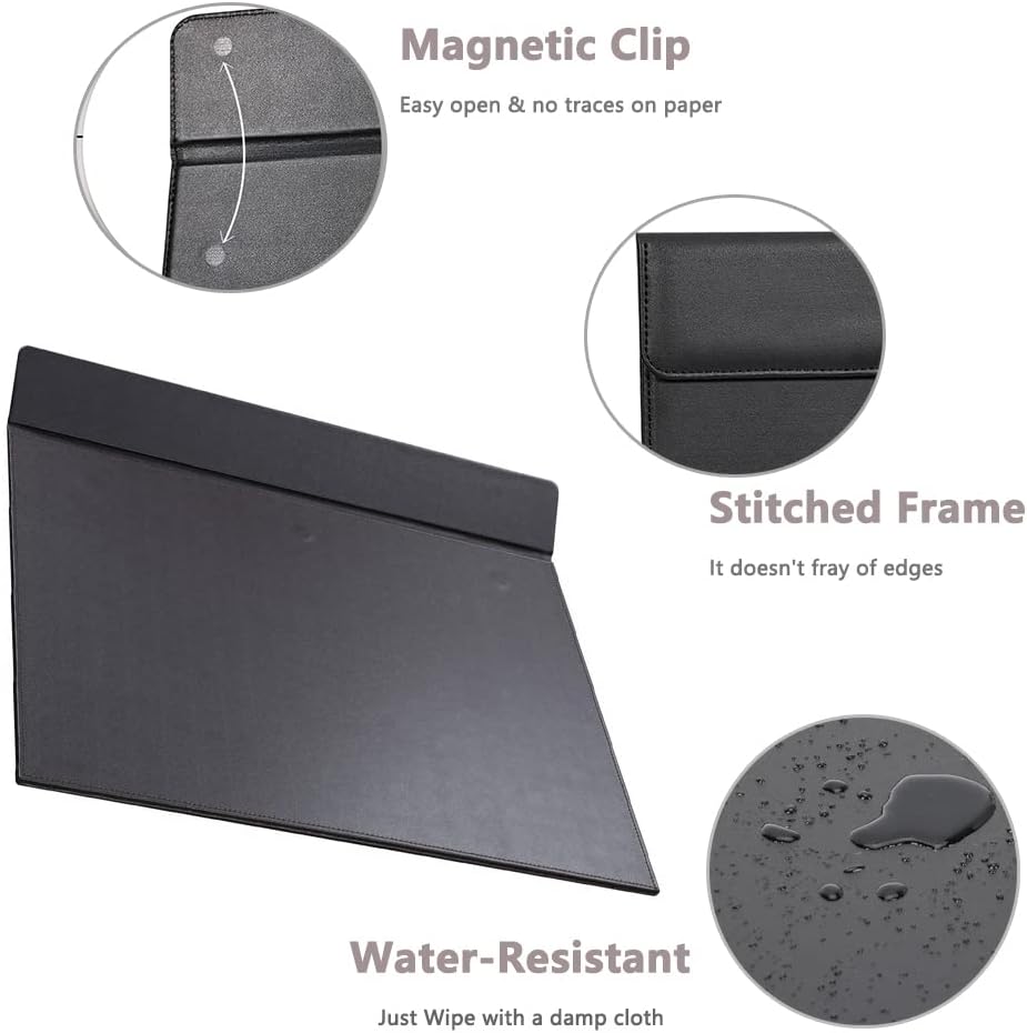 KINGFOM Ultra-Smooth PU Leather Desk Pad & Mat Office Desk Drawing & Writing Board A3/ A4 File Paper Clip Table Protector Mat on Top Large 24''x18'' (Black)