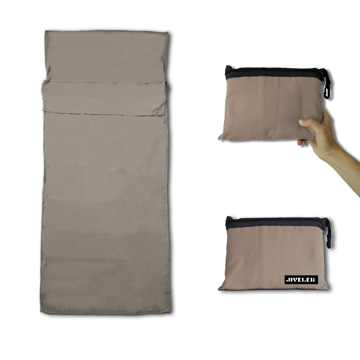 JIVELER Lightweight Sleeping Bag Liner Camping Travel Sheets Ultralight Sleeping Bag Sack for Backpacking Hiking Hotel Hostels and Traveling, Stuff Sack Included (Khaki)