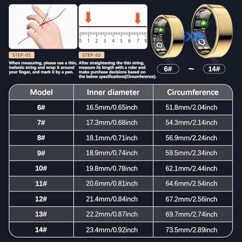 Health Tracker Ring, Smart Health Ring for Women Men with Heart Rate, Blood Oxygen, Sleep Monitor, Steps,Calories, No Subscription Fee, IP68 Waterproof Smart Ring for iPhone & Android (Gold, 7#)