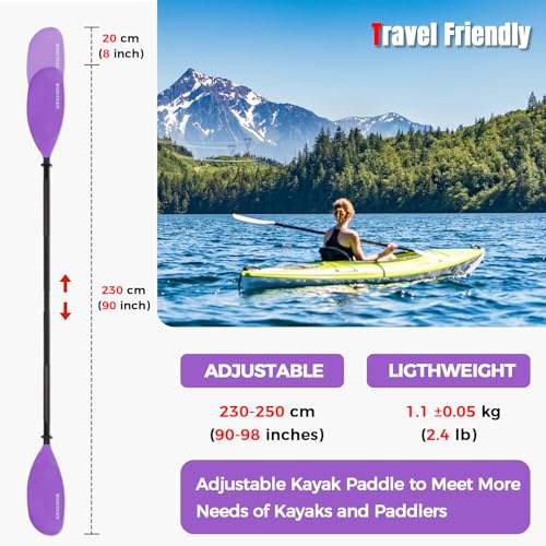 Purple Adjustable Lightweight Kayak Paddle 230-250cm - WONITAGO