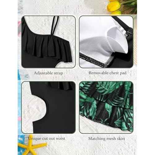 Girls One Piece Swimsuits Cut Out Swimsuit with Mesh Skirt Ruffle Girls Bathing Suit 9-16 Years Summer Beach Swimwear