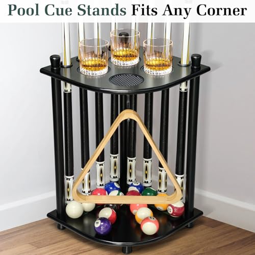 Black Floor Pool Stick Holder Rack for 8 Cues - Space Saving Corner Stand