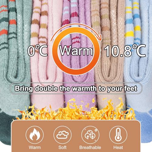 5 Pairs Womens Merino Wool Hiking Socks Winter Warm Crew Moisture Wicking Thick Cushioned Striped Boot Socks