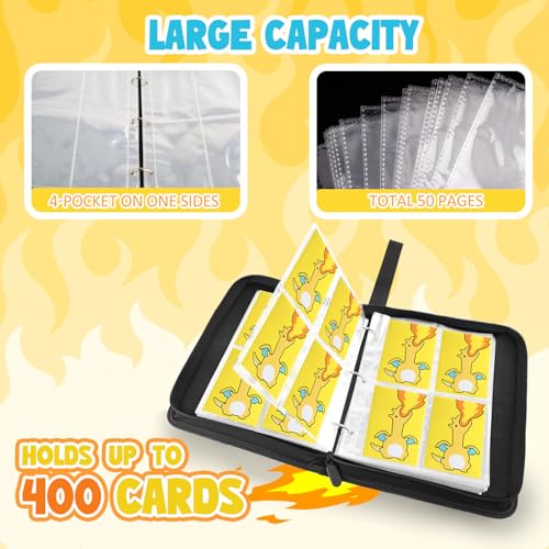 Trading Card Album Binder Fits 400 Cards with Removable Sleeves - Fire Dragon Theme