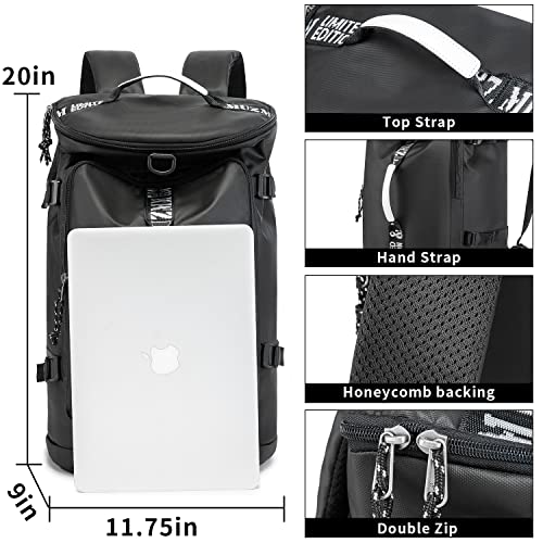 Waterproof Black Gym Duffle Bag with Laptop Compartment - 40L Travel & Sports Backpack - Trendy Lightweight Design for Men & Women (Black)