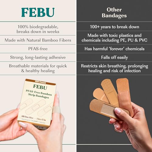 FEBU Bamboo Fabric Bandages | PFAS Free Flexible Fabric Bandages | Latex Free Bandage | Natural Hypoallergenic Bandage for Scrapes, Cuts & First Aid | 1in x 3in | 100 Count Pack