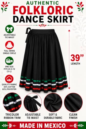 Mexican Flamenco Bomba y Plena Belly Dance Skirt - Black Tricolor Adult Size