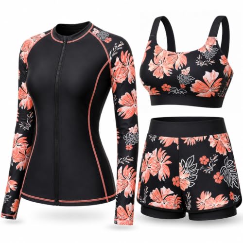 Daci 3-Piece Rash Guard Set with 3" Shorts - Large Black Floral