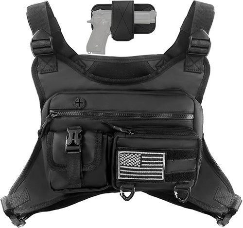 QCBF Outdoor Sports Chest Bag for Men, Running Vest Tactical Pack, Water Resistant Lightweight Front Run, with Extra Storage, Chest Vest Holster Fits Most Pistols, Fit Hiking (Black)