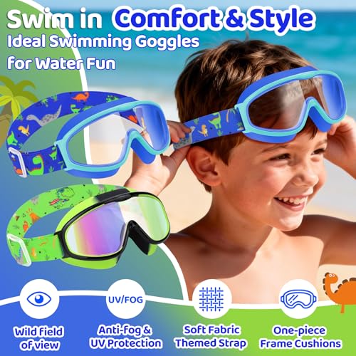 Kids Swim Goggles with Fabric Strap Anti-Fog - Dinosaur Green & Blue