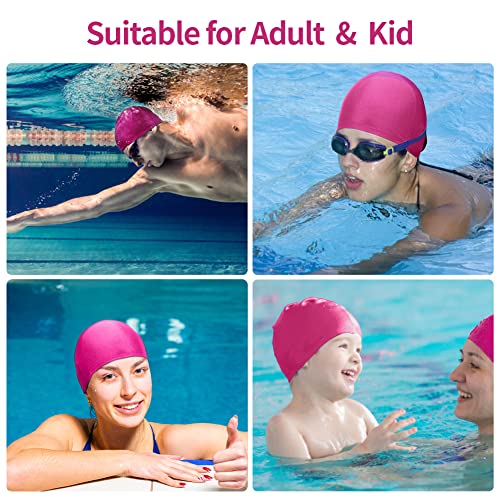 4 Pack Durable Non-Waterproof Fabric Swim Caps for Women Men Kids - Rose Red & Dark Blue & Blue & Black