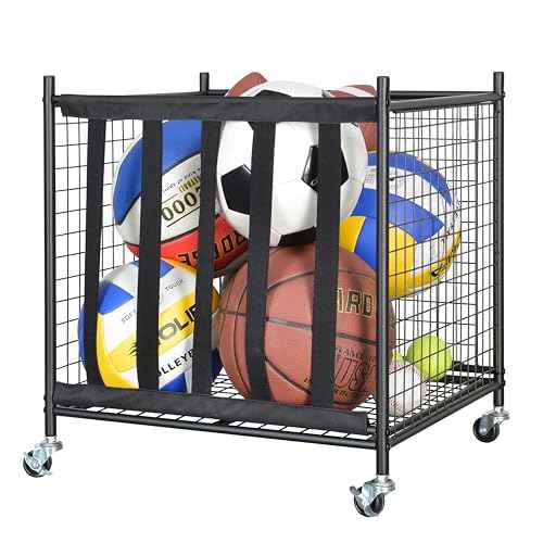 Snail Garage Sports Equipment Storage Organizer Sports Ball Storage Rolling Cart with Basket and Hooks Lockable Sports Ball Cage Storage Rack for Garages, Playgroup, Gym and Schools, Black