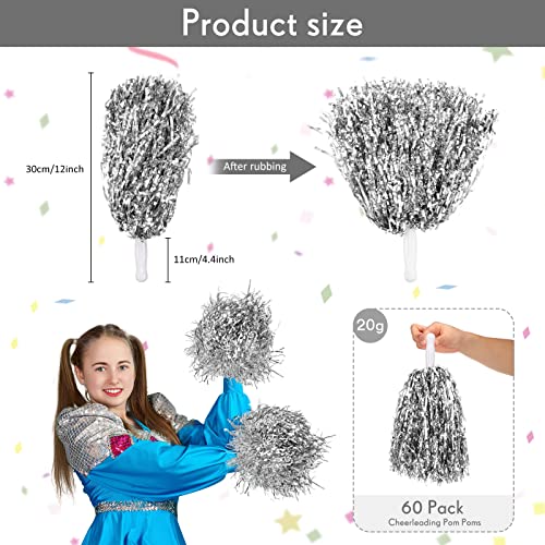 Silver Cheerleading Pom Poms with Baton Handle Bulk 60 Pieces - Reusable & Vibrant