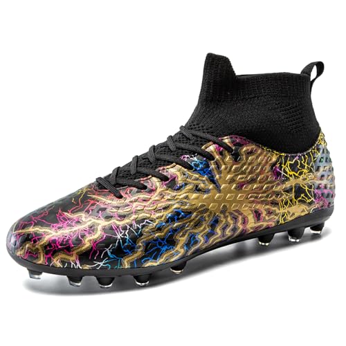 Unisex Soccer Cleats High-Top Training Football Shoes Black Gold 10 Women / 8.5 Men