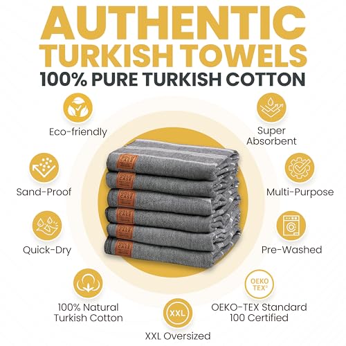 Gold CASE LYCIA Turkish Beach Towel Set of 6 ? 100% Cotton Turkish Beach Towels Bulk 70 x 38'' ? LYCIA Oversized, Quick Dry & Sand Free Beach Towel ? Lightweight Towels Set in Black