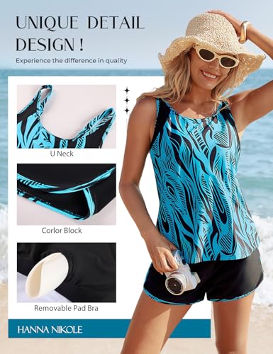 Women’s Tankini Swimsuit Set with Athletic Pockets - Blue Ripples, XL