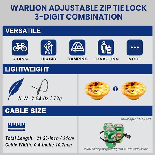 WARLION Zip Tie Lock - 3-Digit Adjustable Cable Lock, for Bike Rack, Motorcycle Helmet, Skateboard, Skis, French Door, Stroller & Cabinet - Ideal for Lightweight Security (1 Pack)
