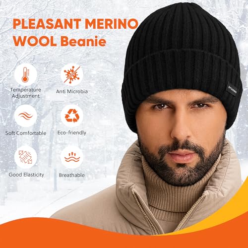 Merino Wool Cuff Beanie Winter Warm Thermal Hats for Mens & Womens Fleece Lined Beanie Knit Chunky Womens Snow Cap