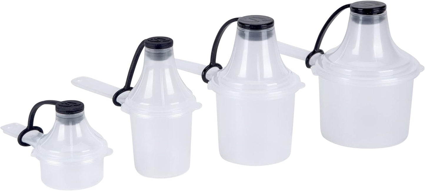 The Scoopie Supplement Container, Scoop, and Funnel System for Pre Workout Powder and Post Workout Protein, Spill Proof Holder Dispenser, Gym and Shaker Bottle Travel Accessory, PACK OF 4, BLACK