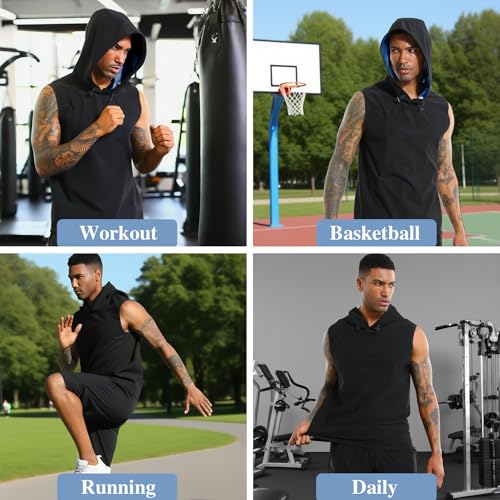Sauna Shirt for Men - Heat Trapping Workout Vest with Hood - Black-Blue XL