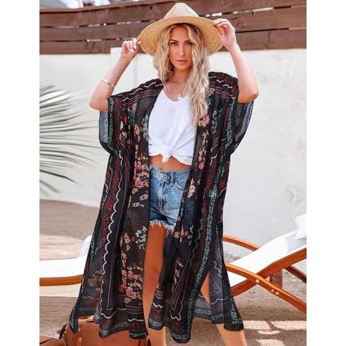 MayBuy Women's Summer Long Flowy Kimono Cardigans Boho Chiffon Beach Cover Up Tops