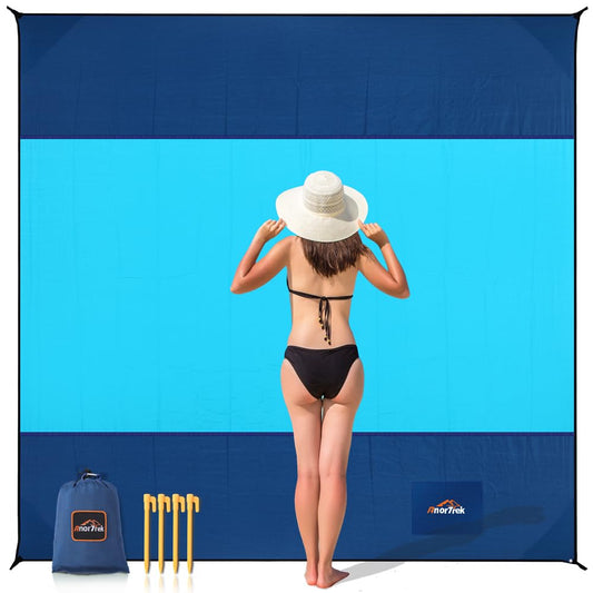 AnorTrek Beach Blanket Sandproof, Extra Large Beach Mat, Sand Free Mat Quick Drying, Lightweight, Soft & Durable Mat for Beach, Yard (Dark Blue & Blue, 10 x 10 FT (1～9 Person))