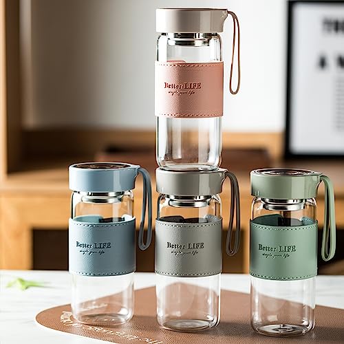 16 oz Glass Tea Bottle with Infuser, Leak-Proof Lid, Non-Slip Holster, Portable Water Bottle for Hot Cold Drinks