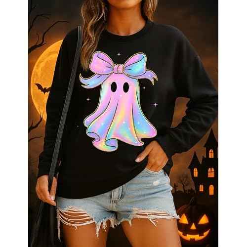 Halloween Sweatshirt Women Spooky Season Cute Black Cat Ghost Sweatshirts Fall Embroidered Pullover Top