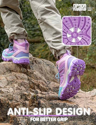 Kids Waterproof Hiking Boots - Purple, Anti-Slip Sole, Ankle Support, Size 5 Big Kid