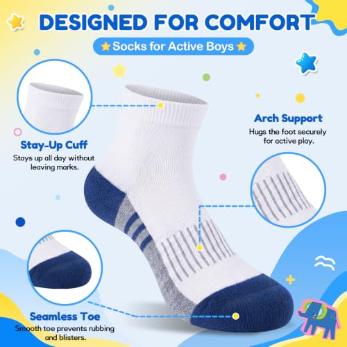 Boys Cotton Cushioned Quarter Ankle Athletic Socks - Medium-Large 6 Pairs Multicolor B