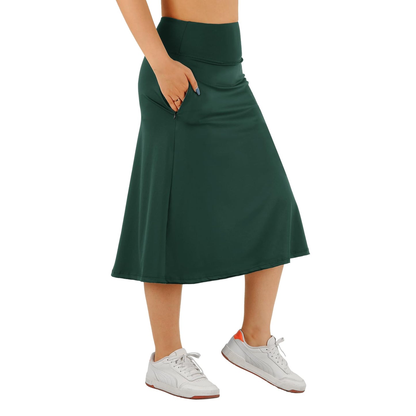 CZRLHYT Women's Green Solid Midi Skort with Shorts, Size Medium (30 inches), 2 Pockets, High Rise, Regular Fit, Machine Wash, Perfect for Work, Date, or Casual Wear