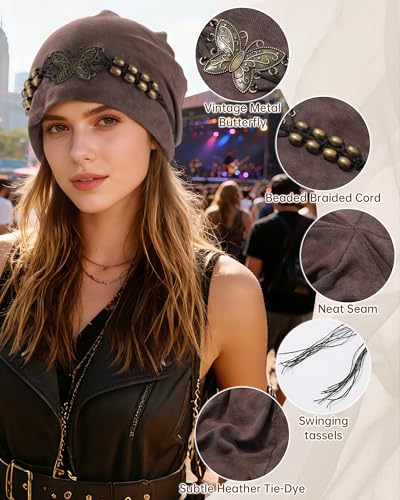 Coffee Slouchy Beanie Hat for Women with Butterfly Beads - AWAYTR