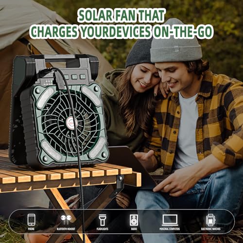 Solar Powered Portable Camping Fan,10400mAh rechargeable Solar Power Cordless Battery Fan with LED Lantern | 4 Wind Speeds Adjustable | 3 Timers Modes | Quiet , Perfect for Tent, Fishing ,Picnic
