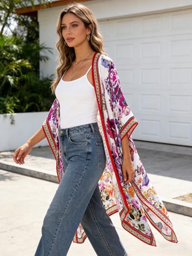 Chinese Rose Oversized Boho Kimono Cardigan for Women - Lightweight Summer Cover-up