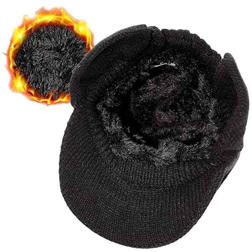 Men Warm Baseball Beanie Hat with Earflap Winter Visor Brim Knitted Caps Thicken Plush Lined Skull Ski Hat